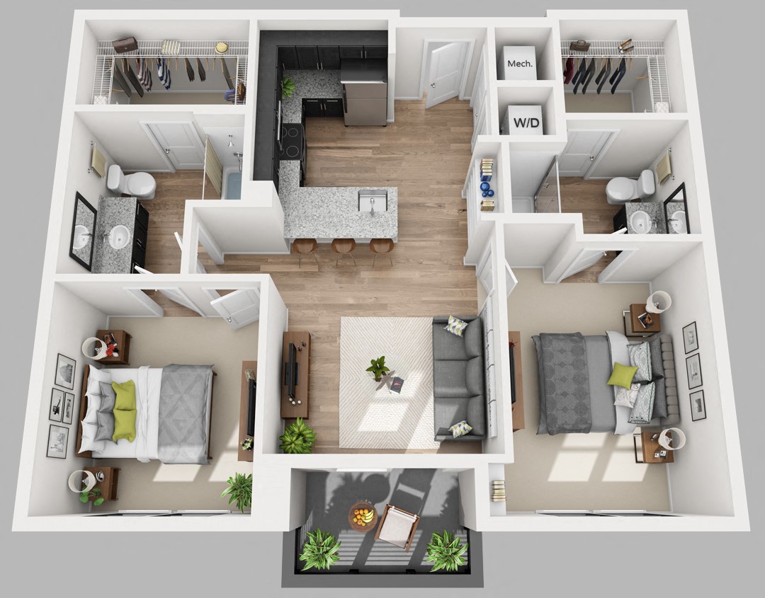 Floor plan for 2 beds, 2 baths, 970 sqft